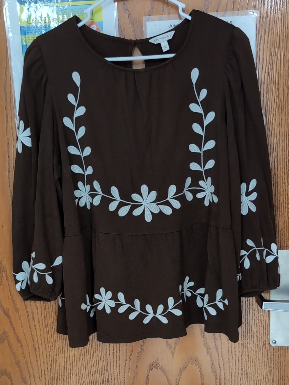 crown & ivy Brown Tunic with White Floral Embroidery